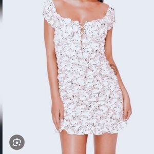 Mable mini floral White dress Puff Sleeve zip up lace up Ruched Ruffle Hem